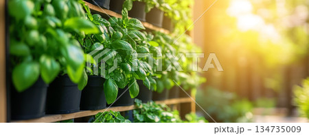 Vertical herb garden in the morning sunlight 134735009