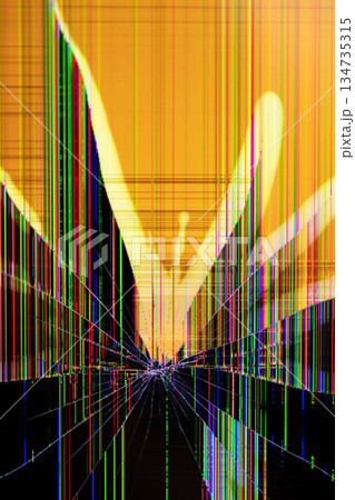 Broken digital screen with a striking abstract display of vibrant pixel lines and radial cracks, symbolizing technology malfunction, damage, and device repair need Broken digital screen with a striking abstract display of vibrant pixel lines and radial cracks, symbolizing technology malfunction, damage, and device repair need 134735315
