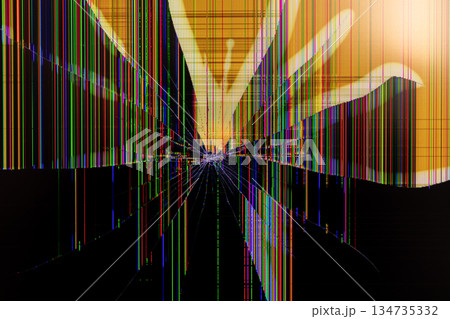 Severely cracked LCD screen displaying vibrant vertical pixel lines from impact, symbolizing technology damage, malfunction, and abstract digital error 134735332