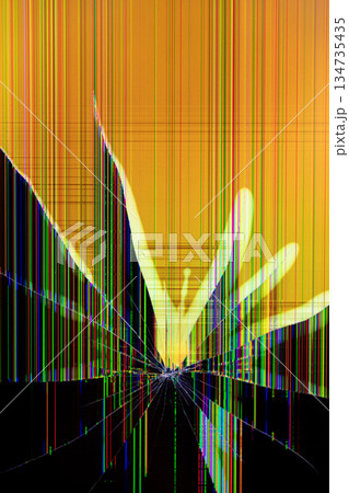 Broken display with vibrant pixel lines and radiating cracks, symbolizing technology failure, digital breakdown, device malfunction, or urgent repair 134735435