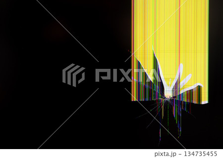 Shattered LCD screen with a central impact point and vibrant colorful vertical lines, representing technology malfunction, digital damage, and irreparable breakdown Shattered LCD screen with a central impact point and vibrant colorful vertical lines, representing technology malfunction, digital damage, and irreparable breakdown 134735455