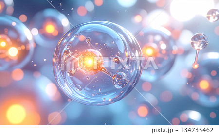 発光する美容成分の分子イメージ 3D｜透明バブルとブルー背景、きらめき粒子の先端スキンケア科学 134735462