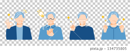 Illustration of ordinary senior men and women with positive expressions. Flat design. Illustration of ordinary senior men and women with positive expressions. Flat design. 134735805