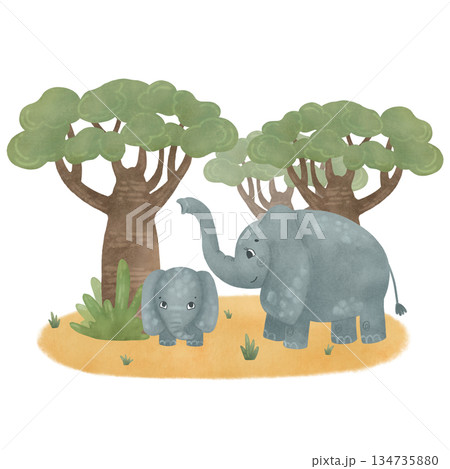 Composition, elephants, vegetation, tropics, Africa. Flat cartoon style children's illustration. Watercolor, pastel, gouache. For design children's products, prints, packaging, textiles, wallpaper. 134735880