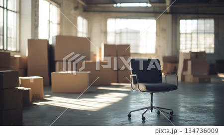 Empty Office Space with Cardboard Boxes and Office Chair 134736009