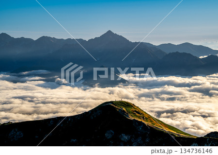 白馬山荘から見る雲海の剱岳（黄昏時）　北アルプス白馬岳縦走登山 134736146