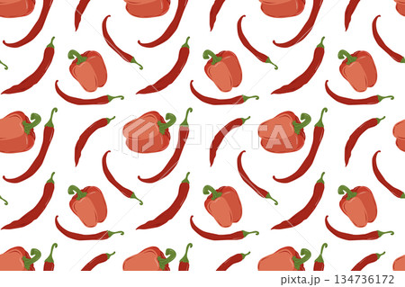 Seamless pattern with peppers and chili peppers. Hand-drawn vegetables. Vegetarian diet food with vitamins for preparing delicious and healthy dishes. 134736172