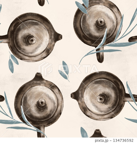 Yixing Chinese Teapots illustration. Seamless hand drawn tea pattern. Clay teapots pattern Yixing Chinese Teapots illustration. Seamless hand drawn tea pattern. Clay teapots pattern 134736592