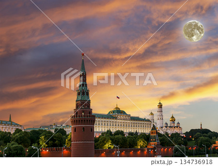 Night view of the Moscow Kremlin, Russia (the most popular view). Against the background of a beautiful sky with the moon Night view of the Moscow Kremlin, Russia (the most popular view). Against the background of a beautiful sky with the moon 134736918