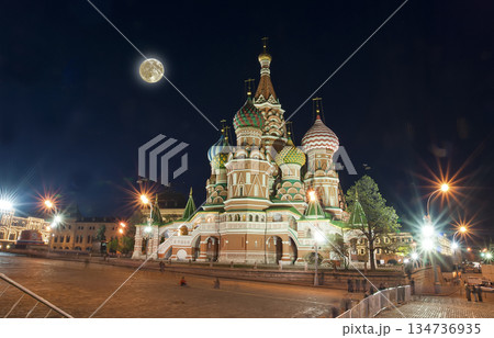 Moscow, Russia, Red Square, Cathedral of Intercession of Most Holy Theotokos on the Moat ( Temple of Basil the Blessed) at night with the super moon 134736935