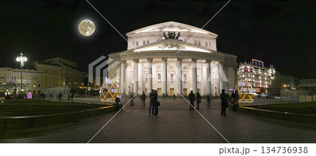 Panoramic view of the Theatre Square and Bolshoi Theatre (Large, Great or Grand Theatre, also spelled Bolshoy) at night, with the super moon, Moscow, Russia Panoramic view of the Theatre Square and Bolshoi Theatre (Large, Great or Grand Theatre, also spelled Bolshoy) at night, with the super moon, Moscow, Russia 134736938