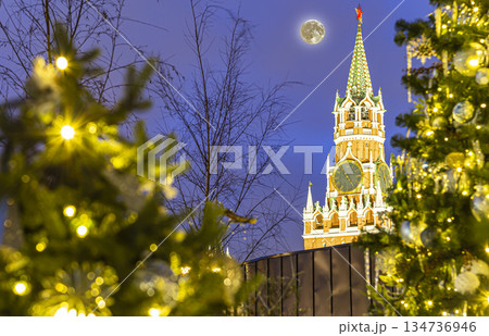 Christmas (New Year holidays) decoration in Moscow (at night with the super moon), Russia-- The Spasskaya Tower. Journey to Christmas, Moscow seasons Christmas (New Year holidays) decoration in Moscow (at night with the super moon), Russia-- The Spasskaya Tower. Journey to Christmas, Moscow seasons 134736946