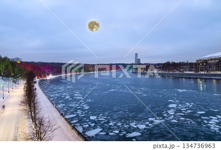 Christmas (New Year holidays) decoration in Moscow (at night, with the super moon), Russia-- Vorobyovskaya Embankment of the Moskva river and Sparrow Hills (Vorobyovy Gory) Christmas (New Year holidays) decoration in Moscow (at night, with the super moon), Russia-- Vorobyovskaya Embankment of the Moskva river and Sparrow Hills (Vorobyovy Gory) 134736963