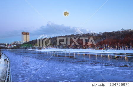 Christmas (New Year holidays) decoration in Moscow (at night, with the super moon), Russia-- Andreevskaya (Andreevsky) embankment 134736974
