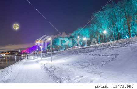 Christmas (New Year holidays) decoration in Moscow (at night, with the super moon), Russia-- Andreevskaya (Andreevsky) embankment 134736990