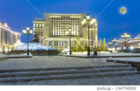 Christmas (New Year holidays) decoration in Moscow (at night) with the super moon, Russia-- Manege Square near the Kremlin Christmas (New Year holidays) decoration in Moscow (at night) with the super moon, Russia-- Manege Square near the Kremlin 134736992