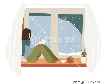 Woman reading book sitting on the window still, snowfall. Cozy home interior. Winter season concept flat vector illustration. 134737015