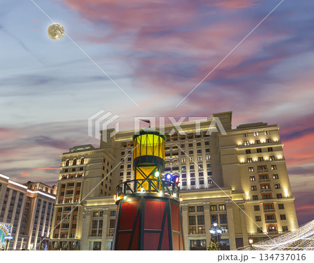 Christmas and New Year holidays illumination and Four Seasons Hotel Moscow at night with the super moon. Russia 134737016