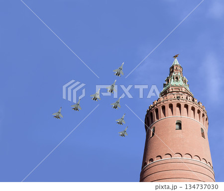 Moscow Kremlin, Russia -- Victory Day celebration (WWII), and Russian military aircraft, Russia Moscow Kremlin, Russia -- Victory Day celebration (WWII), and Russian military aircraft, Russia 134737030