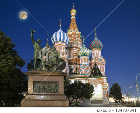 Moscow, Russia, Red Square, Cathedral of Intercession of Most Holy Theotokos on the Moat ( Temple of Basil the Blessed) at night with the super moon 134737041