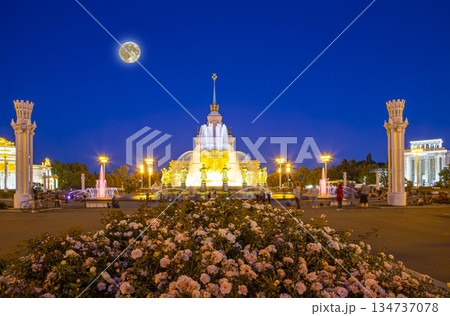 Fountain Friendship of Nations at night, with the super moon (1951-54, architects K. Topuridze and G. Konstantinovsky ) -- VDNKH (All-Russia Exhibition Centre), Moscow, Russia 134737078