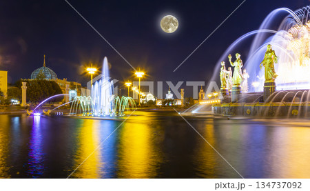 Fountain Friendship of Nations at night, with the super moon (1951-54, architects K. Topuridze and G. Konstantinovsky ) -- VDNKH (All-Russia Exhibition Centre), Moscow, Russia 134737092