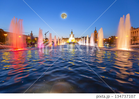 Fountain Stone Flower (with the super moon ) at VDNKh in Moscow. VDNKh (called also All-Russian Exhibition Center) is a permanent general-purpose trade show in Moscow, Russia 134737107