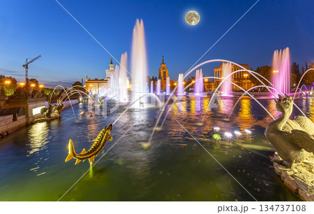 Fountain Stone Flower (at night with the super moon) at VDNKh in Moscow. VDNKh (called also All-Russian Exhibition Center) is a permanent general-purpose trade show in Moscow, Russia 134737108
