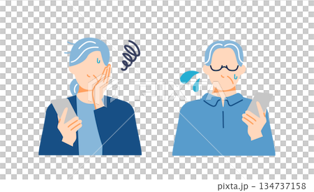 Illustration of a troubled senior couple with a smartphone. Flat design. Illustration of a troubled senior couple with a smartphone. Flat design. 134737158