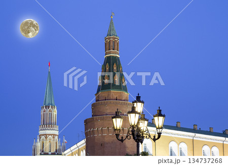 Kremlin (at night with the super moon), Moscow, Russia--the most popular view of Moscow 134737268