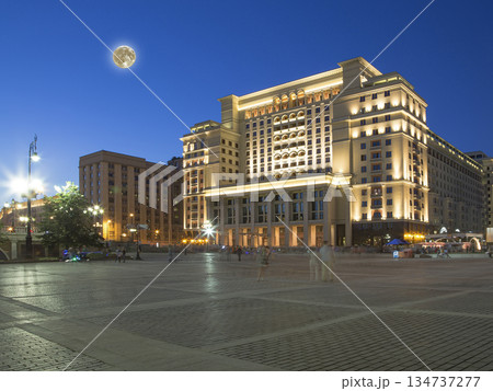 View of the eastern facade of the old Hotel Moskva from Manege Square, with the super moon. Moscow, Russia 134737277