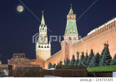 Kremlin (at night with the super moon), Moscow, Russia--the most popular view of Moscow 134737285