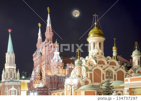 Kremlin (at night with the super moon), Moscow, Russia--the most popular view of Moscow 134737297