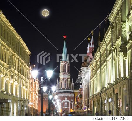 Kremlin (at night with the super moon), Moscow, Russia--the most popular view of Moscow 134737300