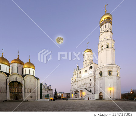 Ivan the Great Bell-Tower complex at night (with the super moon). Cathedral Square, Inside of Moscow Kremlin, Russia. UNESCO World Heritage Site 134737302