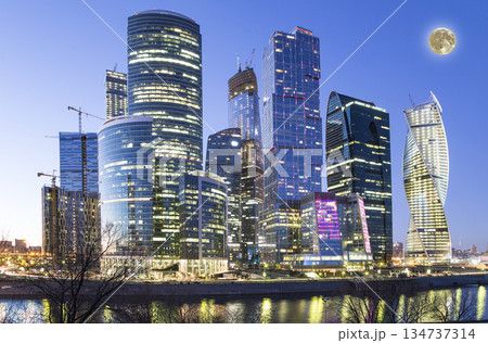 Skyscrapers International Business Center (City) at sunset with the super moon, Moscow, Russia 134737314