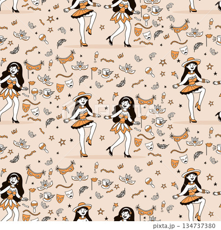 Carnival Girl Dancers Seamless Pattern. Happy Female Character in Masquerade dresses, Masks, with festive decorative elements on beige Background. Color Hand-Drawn Doodle. Vector Illustration. Not AI 134737380