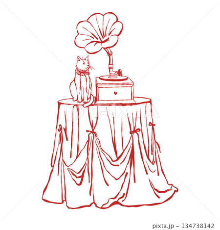 Vintage linear illustration of a cat and a retro gramophone on a festive table. Retro illustration for Valentines Day, wedding. Musical retro instruments. Red vector outline illustration on a white Vintage linear illustration of a cat and a retro gramophone on a festive table. Retro illustration for Valentines Day, wedding. Musical retro instruments. Red vector outline illustration on a white 134738142