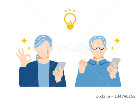 シニア夫婦がスマホを持って閃いている表情のイラスト。フラットデザイン。 シニア夫婦がスマホを持って閃いている表情のイラスト。フラットデザイン。 134740158