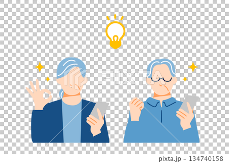 一對老年夫婦手持智慧型手機,若有所思的插圖。扁平化設計。 一對老年夫婦手持智慧型手機,若有所思的插圖。扁平化設計。 134740158