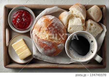 Stylish tableware. Top view of breakfast on a tray on a white background. Plate of jam, butter and pieces artisan bread and cup of coffee. Hotel style. 134740370
