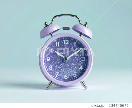 Space color design. Purple vintage alarm clock on background in pastel color with copy space. Bright design. Space color design. Purple vintage alarm clock on background in pastel color with copy space. Bright design. 134740672