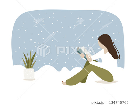 Abstract Woman reading book, winter background, snowfall. Winter season concept flat vector illustration 134740763