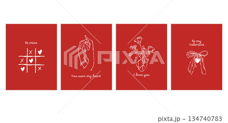 Creative concept of Happy Valentines Day cards set. Modern design in red. Hearts and flowers, hands, tic-tac-toe, and vintage accessories. Templates for holidays, advertising, branding, banners Creative concept of Happy Valentines Day cards set. Modern design in red. Hearts and flowers, hands, tic-tac-toe, and vintage accessories. Templates for holidays, advertising, branding, banners 134740783