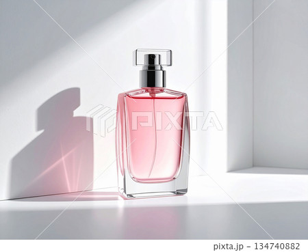 Minimalist beauty styles. Pink perfume bottle on background in pastel color with sunlight. Minimalist beauty styles. Pink perfume bottle on background in pastel color with sunlight. 134740882
