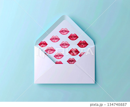 Romance. Post envelope with cute red kisses decoration. Valentine's Day concept. Romance. Post envelope with cute red kisses decoration. Valentine's Day concept. 134740887