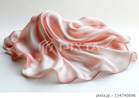 High-fashion product pages. Elegant silk scarf in natural tones with soft, flowing folds, highlighting its luxurious texture against a white background. Fashion and accessories marketing. High-fashion product pages. Elegant silk scarf in natural tones with soft, flowing folds, highlighting its luxurious texture against a white background. Fashion and accessories marketing. 134740896