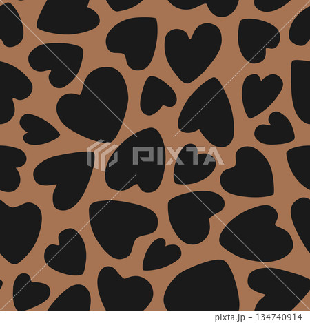 Black hearts on brown background seamless pattern. Vector illustration. Abstract heart-shaped leopard print 134740914