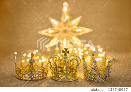 Three golden crowns representing three kings day Three golden crowns representing three kings day 134740937