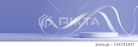 Abstract 3D podium with flowing purple ribbon wave 134741047